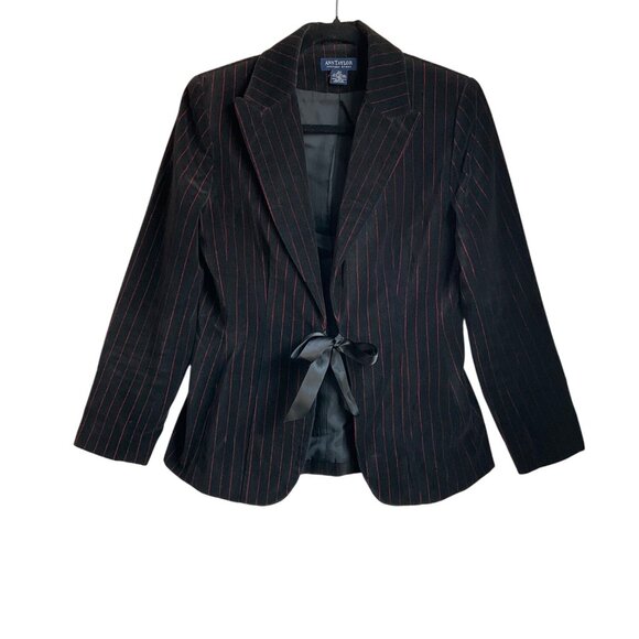 VTG Ann Taylor 4 P Black Pinstripe Red Velvet Blazer Jacket Bow Goth Whimsical - Picture 8 of 14